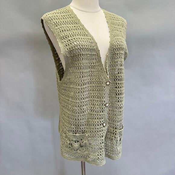90s Koret crochet green sweater vest button up oversized boxy Size Medium - Picture 9 of 15